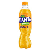 The 500ml Fanta Orange Bottle, featuring a refreshing orange flavor and a twisted design with an orange cap, is showcased against a white background.